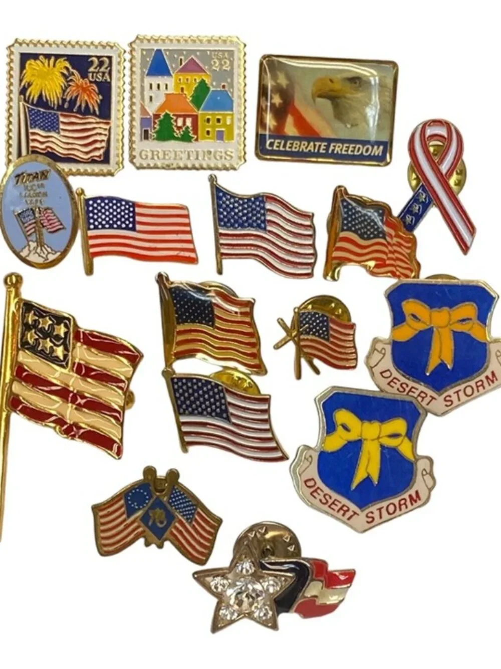 Enamel Pin LOT 16 Flags US Postage Stamps 1776 Yellow Ribbon Desert Storm Titan